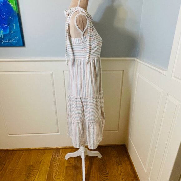 Gal Meets Glam Linen Shoulder Bow Tie Midi Sundress Striped Coastal 2 - Picture 6 of 10